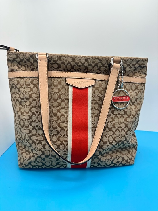 Coach Handbags - Coach Signature Canvas Tote with Red Stripe and Tan Leather Trim